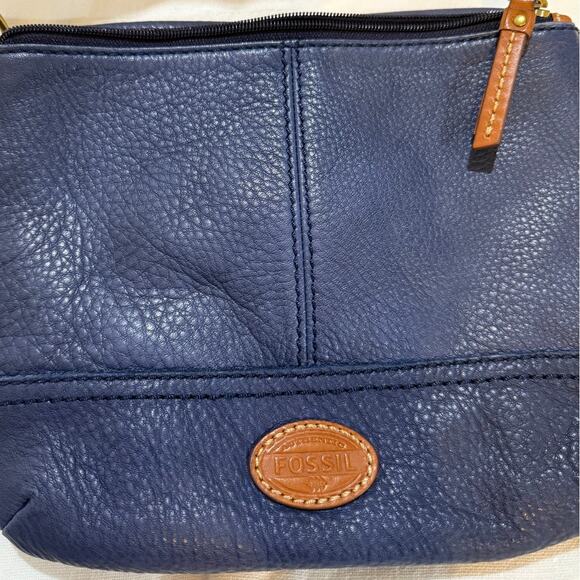 Fossil Blue Pebbled Leather Crossbody Bag Brown Trim Vintage Style - Picture 7 of 15